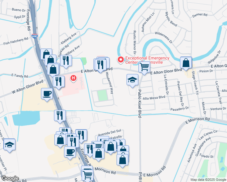 map of restaurants, bars, coffee shops, grocery stores, and more near 275 Windwood Way in Brownsville