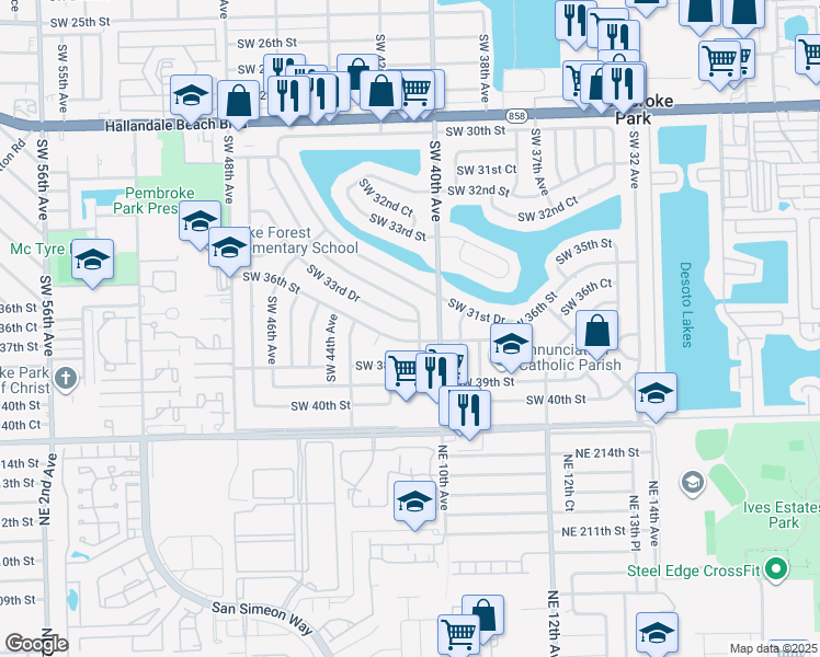 map of restaurants, bars, coffee shops, grocery stores, and more near 4120 Southwest 33rd Drive in West Park