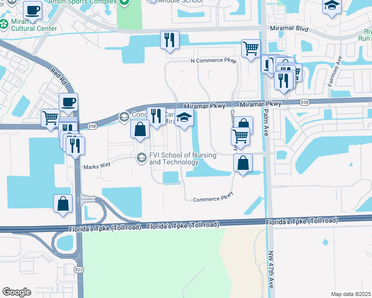 map of restaurants, bars, coffee shops, grocery stores, and more near 3351 Executive Way in Miramar