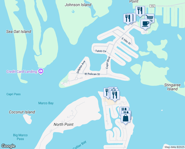 map of restaurants, bars, coffee shops, grocery stores, and more near 43 West Pelican Street in Naples