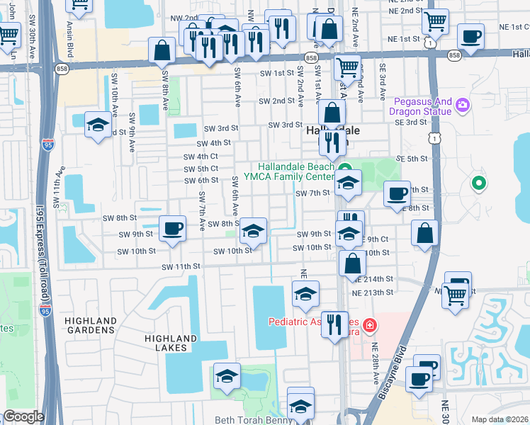 map of restaurants, bars, coffee shops, grocery stores, and more near 734 Southwest 4 Avenue in Hallandale Beach
