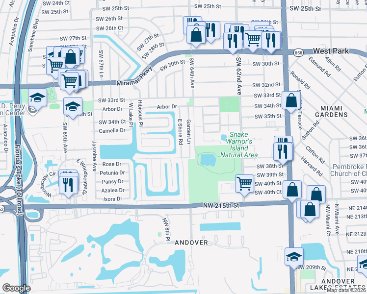 map of restaurants, bars, coffee shops, grocery stores, and more near 3613 E Shore Rd in Miramar