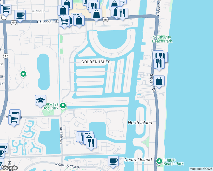 map of restaurants, bars, coffee shops, grocery stores, and more near 642 Oleander Drive in Hallandale Beach