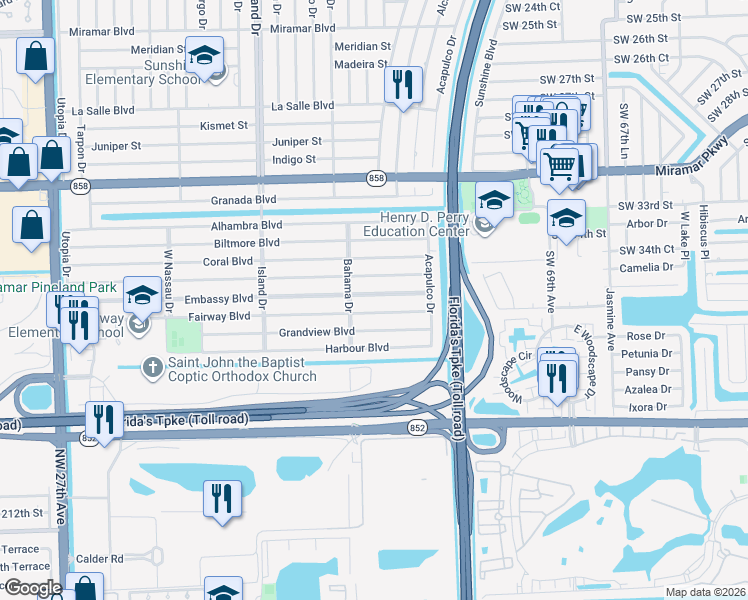 map of restaurants, bars, coffee shops, grocery stores, and more near 7310 Embassy Blvd in Miramar