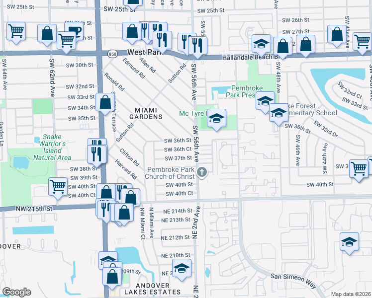 map of restaurants, bars, coffee shops, grocery stores, and more near 5614 Southwest 36th Court in West Park