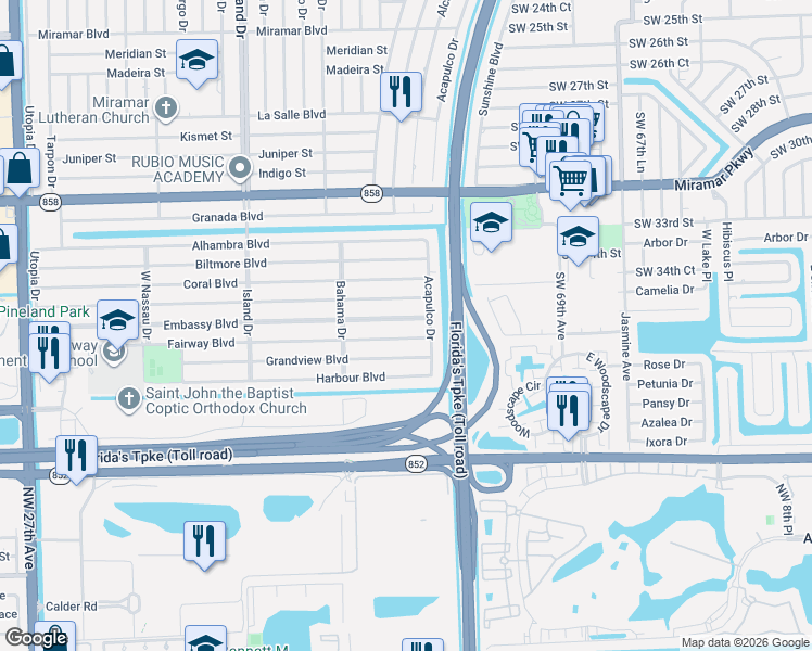 map of restaurants, bars, coffee shops, grocery stores, and more near 7150 Embassy Boulevard in Miramar