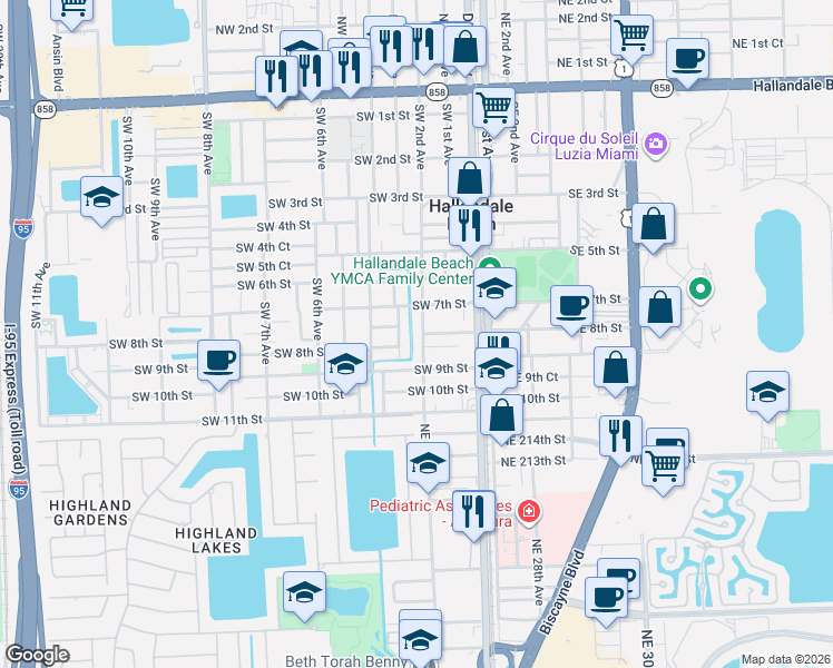 map of restaurants, bars, coffee shops, grocery stores, and more near 727 Southwest 3rd Avenue in Hallandale Beach