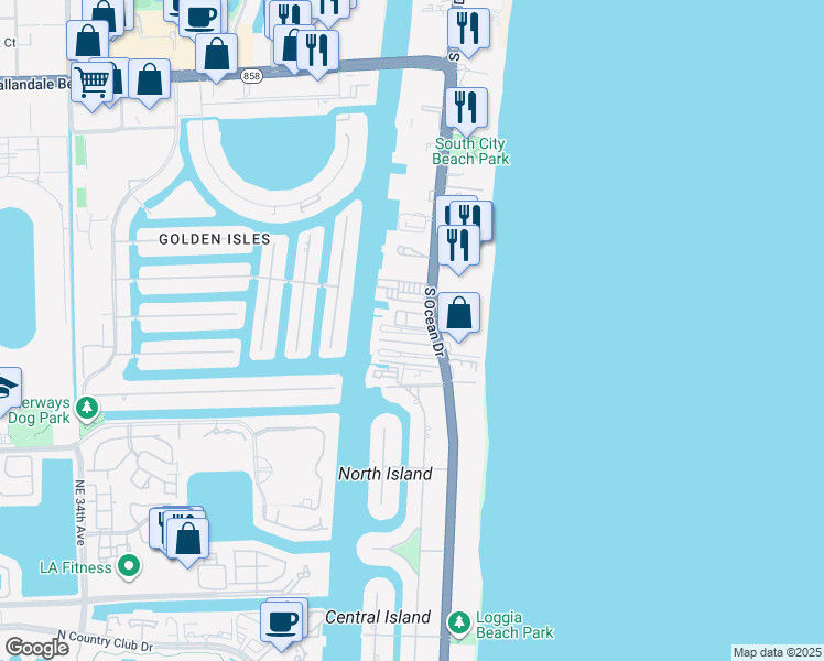 map of restaurants, bars, coffee shops, grocery stores, and more near 3121 South Ocean Drive in Hallandale Beach