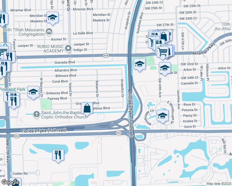 map of restaurants, bars, coffee shops, grocery stores, and more near 7150 Embassy Boulevard in Miramar