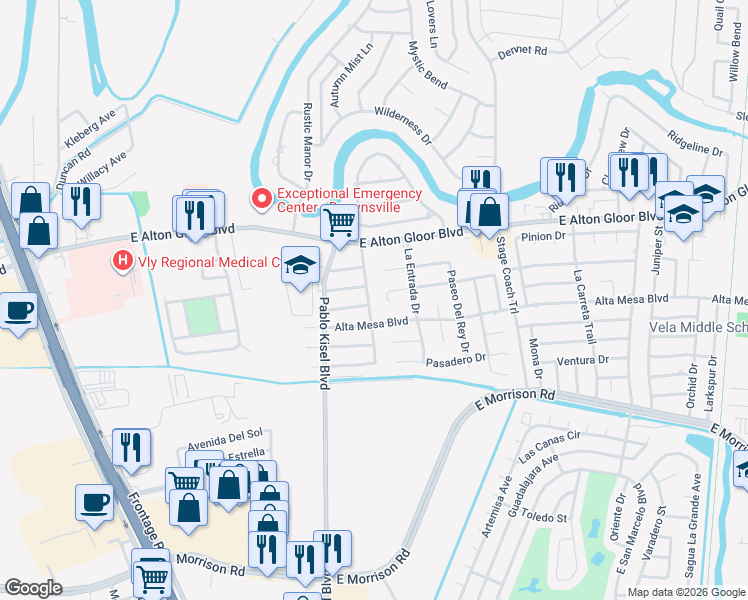 map of restaurants, bars, coffee shops, grocery stores, and more near 4844 Espada Grande Avenue in Brownsville