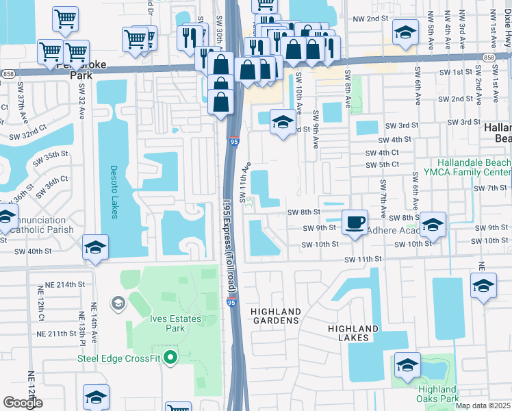 map of restaurants, bars, coffee shops, grocery stores, and more near 741 Southwest 7th Street in Hallandale Beach