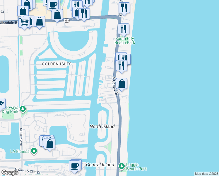 map of restaurants, bars, coffee shops, grocery stores, and more near 3121 South Ocean Drive in Hallandale Beach
