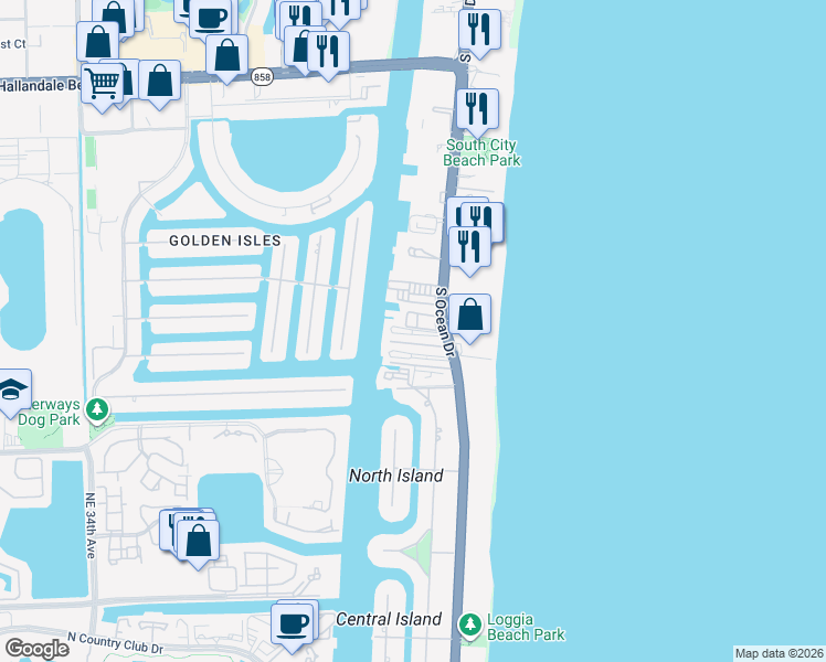 map of restaurants, bars, coffee shops, grocery stores, and more near 3121 South Ocean Drive in Hallandale Beach