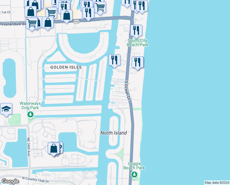 map of restaurants, bars, coffee shops, grocery stores, and more near 3127 South Ocean Drive in Hallandale Beach