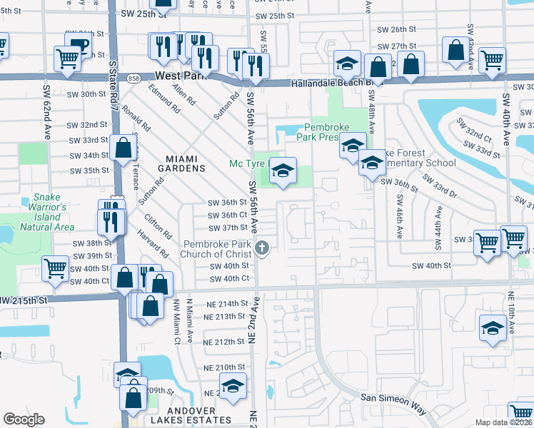 map of restaurants, bars, coffee shops, grocery stores, and more near 5500 Southwest 36th Street in West Park