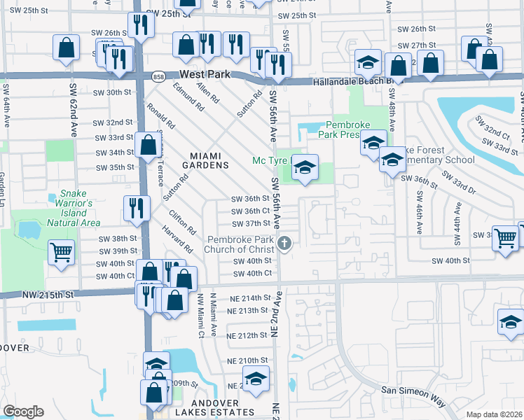 map of restaurants, bars, coffee shops, grocery stores, and more near 5614 Southwest 36th Court in West Park