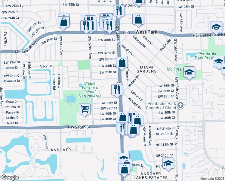 map of restaurants, bars, coffee shops, grocery stores, and more near 6034 Southwest 37th Street in Miramar