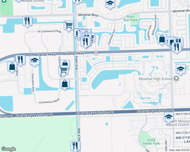 map of restaurants, bars, coffee shops, grocery stores, and more near 9930 West Daffodil Lane in Miramar