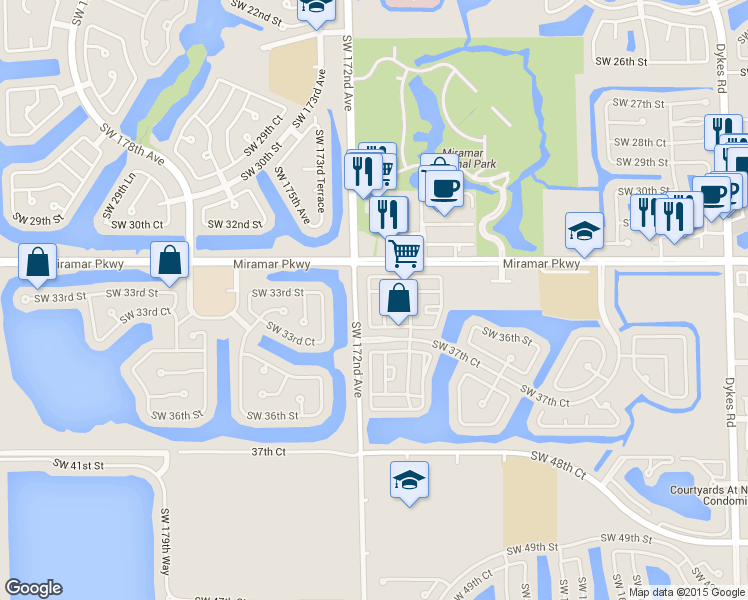 map of restaurants, bars, coffee shops, grocery stores, and more near 3420 Southwest 171st Avenue in Miramar