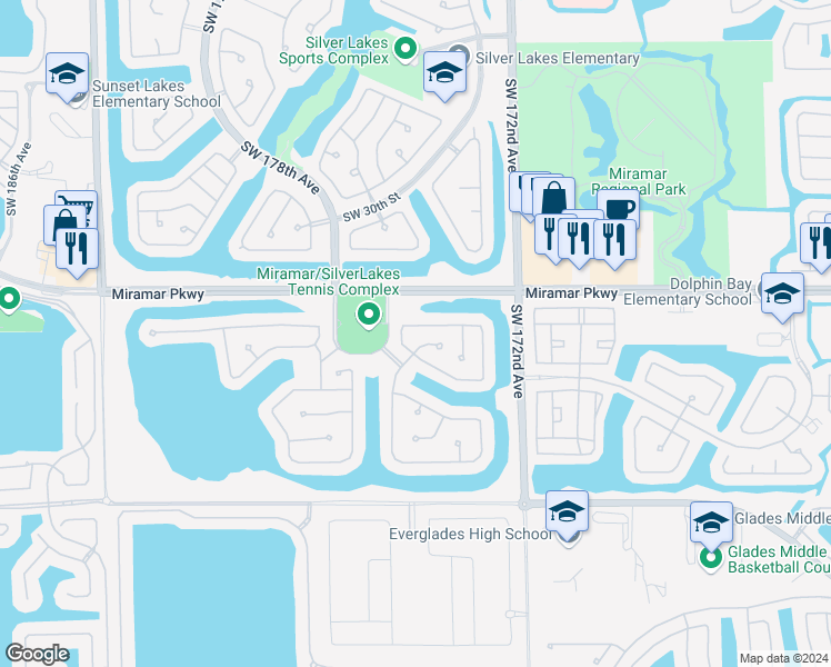 map of restaurants, bars, coffee shops, grocery stores, and more near 3321 Southwest 175th Avenue in Miramar