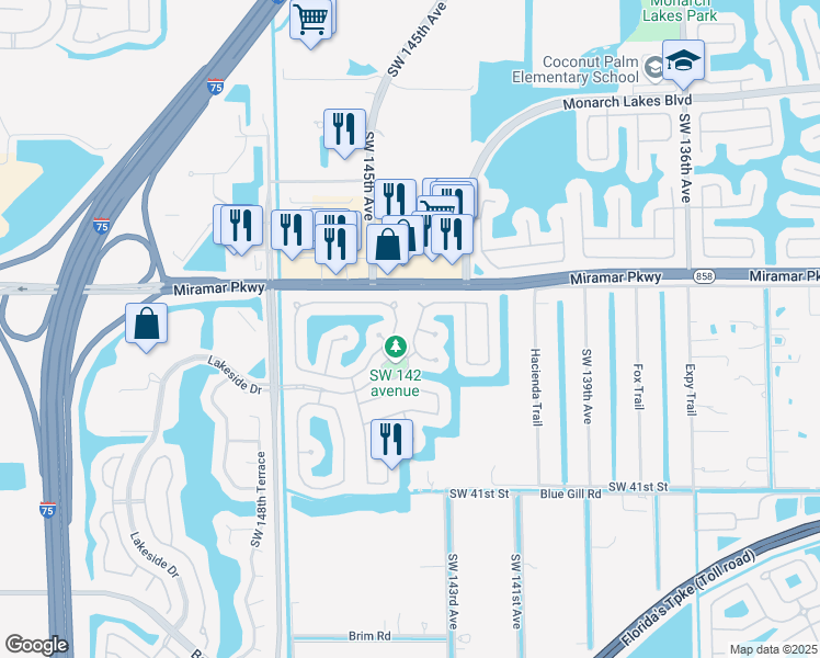 map of restaurants, bars, coffee shops, grocery stores, and more near 3520 Southwest 144th Avenue in Miramar