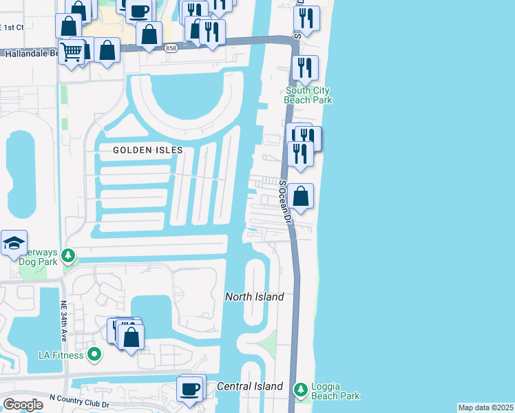 map of restaurants, bars, coffee shops, grocery stores, and more near 3127 South Ocean Drive in Hallandale Beach
