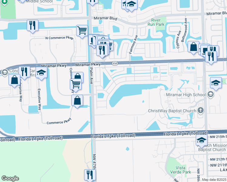 map of restaurants, bars, coffee shops, grocery stores, and more near 9930 West Daffodil Lane in Miramar