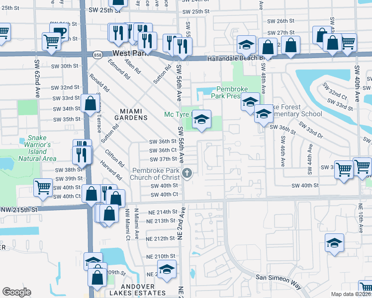 map of restaurants, bars, coffee shops, grocery stores, and more near 5500 Southwest 36th Street in West Park