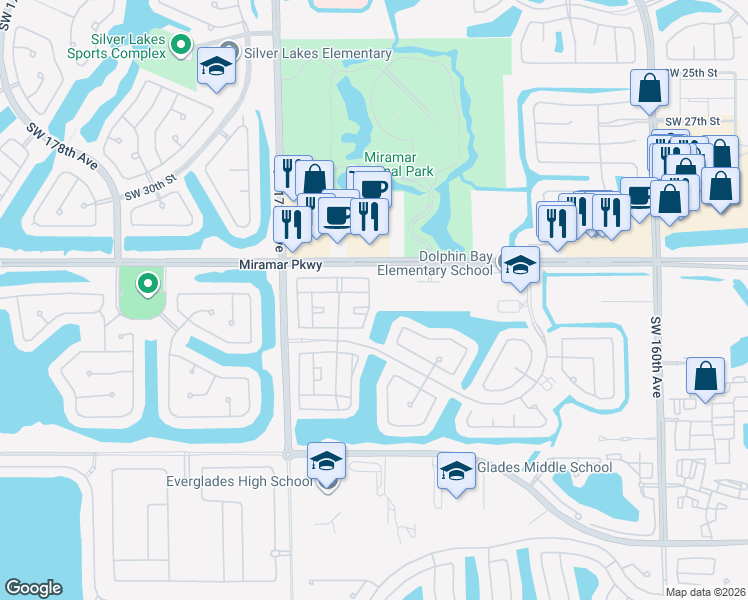 map of restaurants, bars, coffee shops, grocery stores, and more near 3417 Southwest 169th Terrace in Miramar