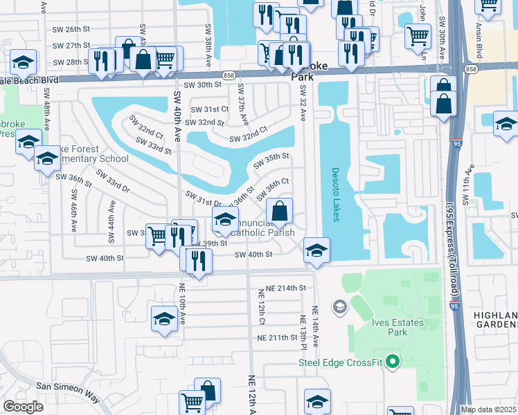 map of restaurants, bars, coffee shops, grocery stores, and more near 3680 Southwest 32nd Boulevard in West Park