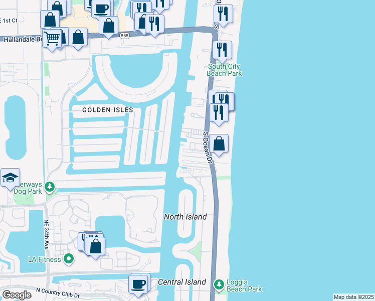 map of restaurants, bars, coffee shops, grocery stores, and more near 3127 South Ocean Drive in Hallandale Beach