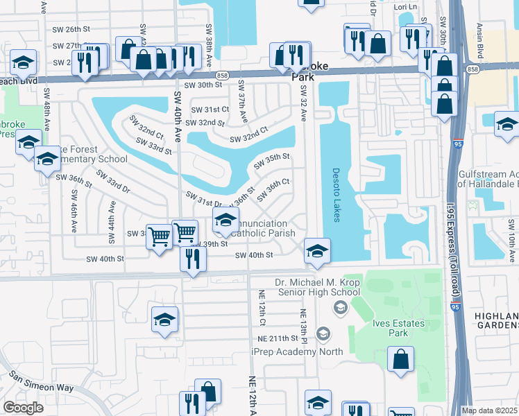 map of restaurants, bars, coffee shops, grocery stores, and more near 3680 Southwest 32nd Boulevard in West Park