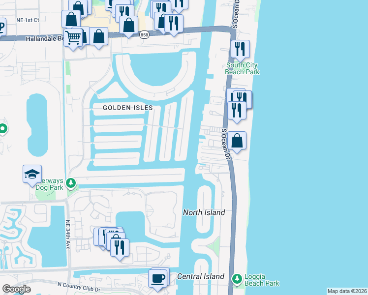 map of restaurants, bars, coffee shops, grocery stores, and more near 630 Palm Drive in Hallandale Beach