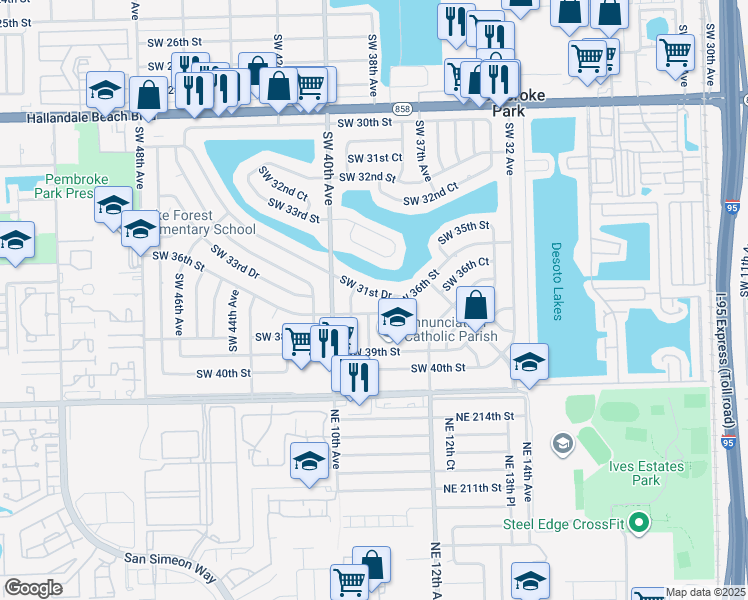 map of restaurants, bars, coffee shops, grocery stores, and more near 3780 Southwest 31st Drive in West Park
