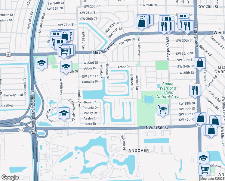 map of restaurants, bars, coffee shops, grocery stores, and more near 6637 Evergreen Drive in Miramar