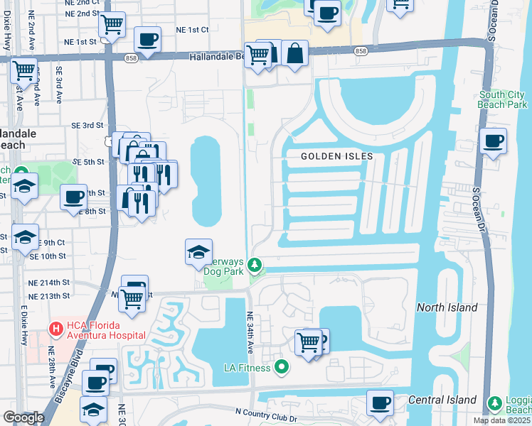 map of restaurants, bars, coffee shops, grocery stores, and more near in Hallandale Beach