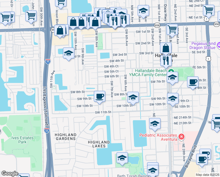 map of restaurants, bars, coffee shops, grocery stores, and more near 729 Southwest 7th Court in Hallandale Beach