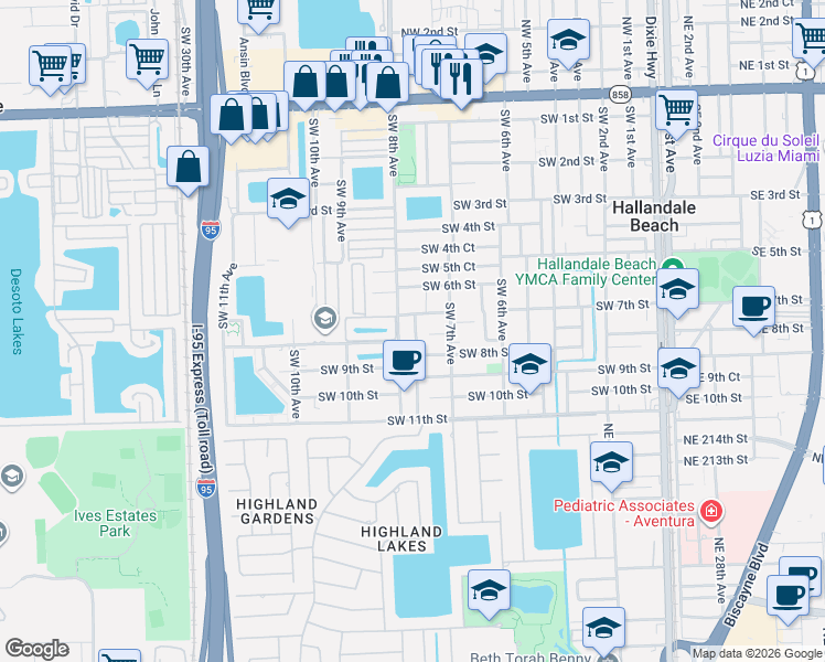 map of restaurants, bars, coffee shops, grocery stores, and more near 6a Southwest 9th Avenue in Hallandale Beach