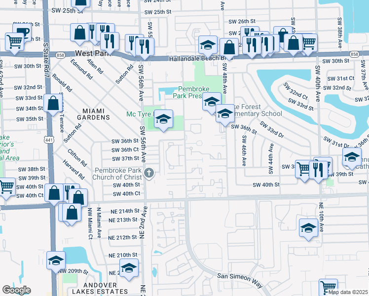 map of restaurants, bars, coffee shops, grocery stores, and more near 3707 37th Street in Pembroke Park