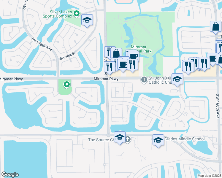 map of restaurants, bars, coffee shops, grocery stores, and more near 3420 Southwest 171st Avenue in Miramar