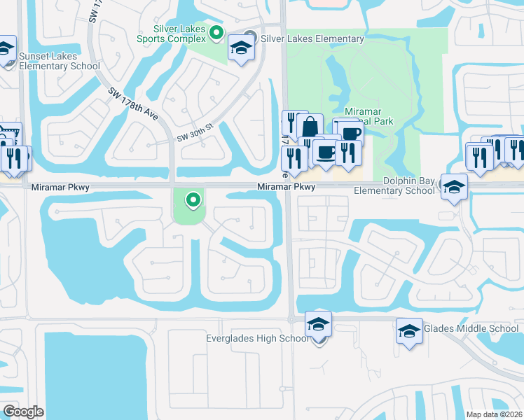map of restaurants, bars, coffee shops, grocery stores, and more near 3325 Southwest 173rd Way in Miramar