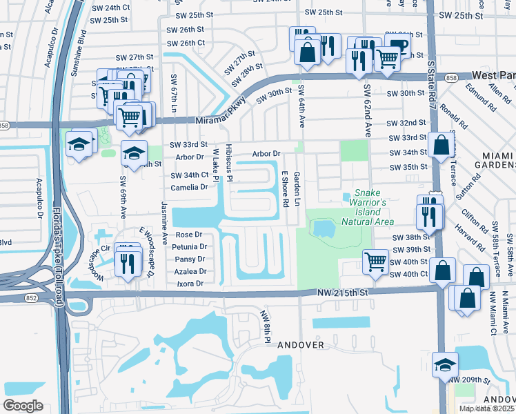 map of restaurants, bars, coffee shops, grocery stores, and more near 6608 Evergreen Drive in Miramar