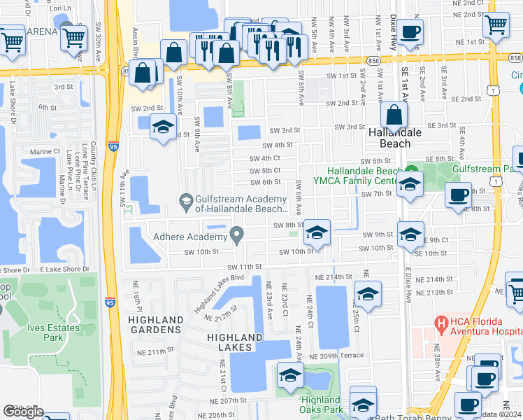 map of restaurants, bars, coffee shops, grocery stores, and more near 729 Southwest 7th Court in Hallandale Beach