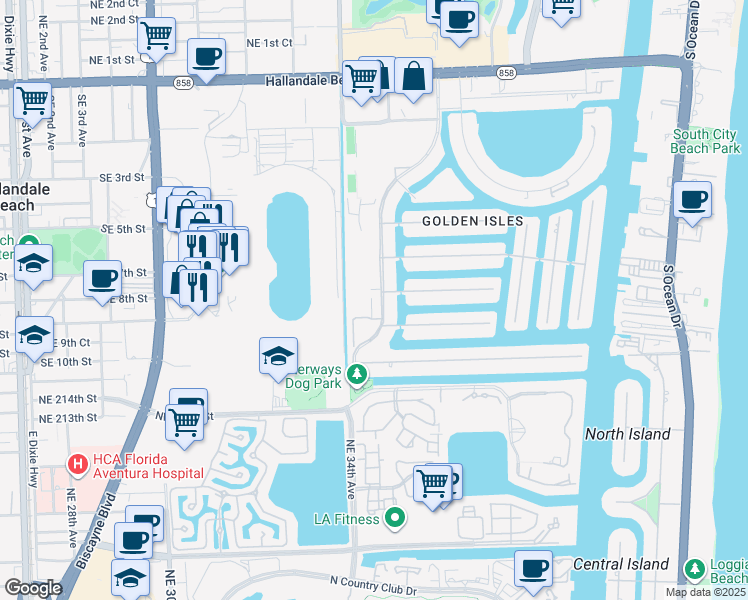 map of restaurants, bars, coffee shops, grocery stores, and more near in Hallandale Beach
