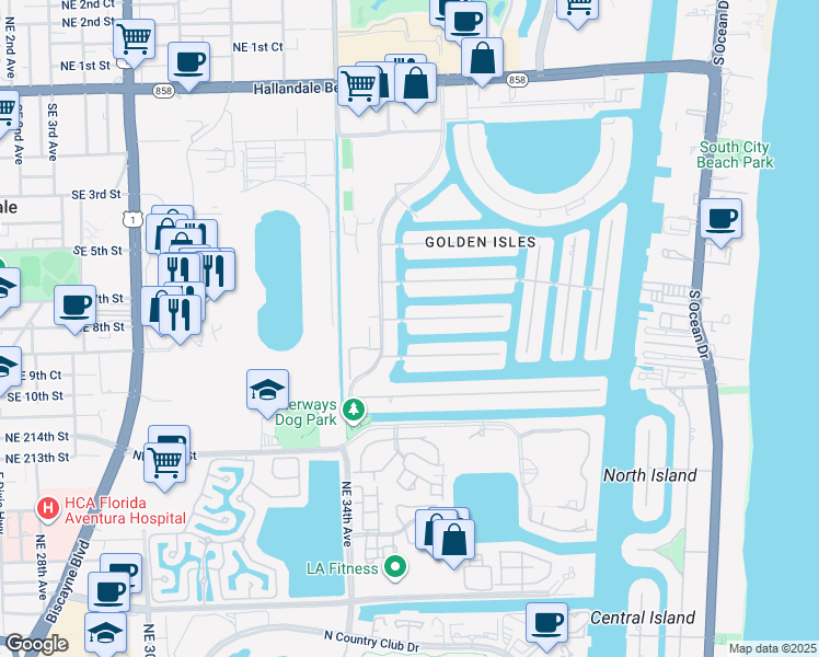 map of restaurants, bars, coffee shops, grocery stores, and more near 471 Alamanda Drive in Hallandale Beach