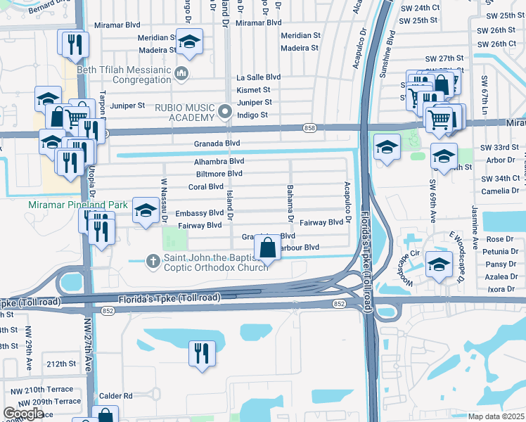 map of restaurants, bars, coffee shops, grocery stores, and more near 7612 Embassy Boulevard in Miramar