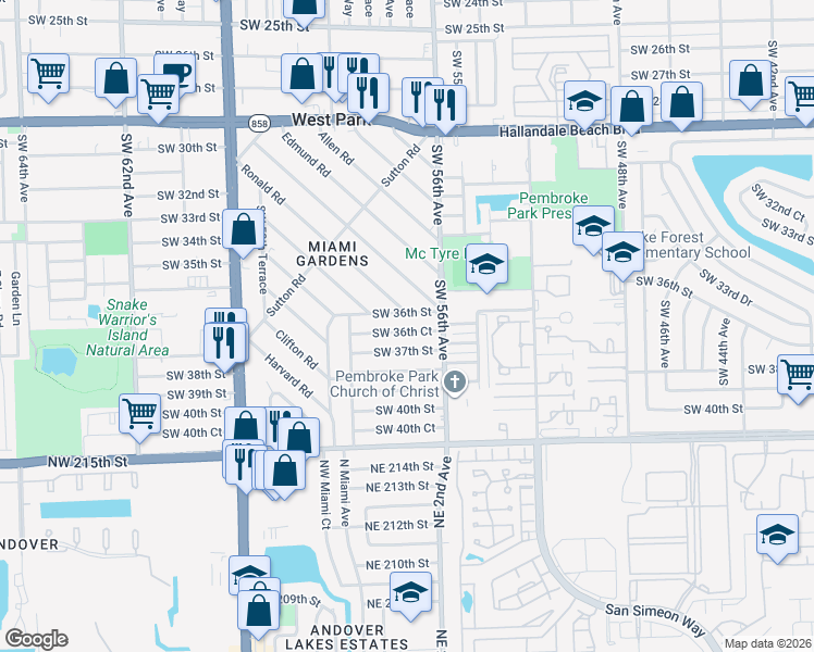 map of restaurants, bars, coffee shops, grocery stores, and more near 5649 Southwest 36th Court in West Park