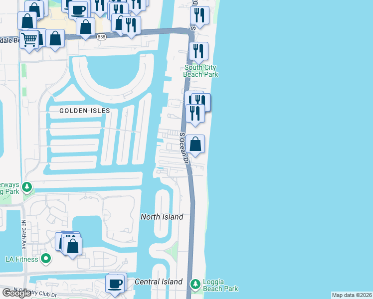 map of restaurants, bars, coffee shops, grocery stores, and more near 2076 South Ocean Drive in Hallandale Beach