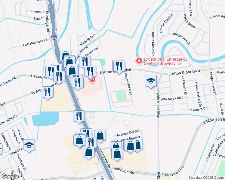 map of restaurants, bars, coffee shops, grocery stores, and more near 403 Trailwind Way in Brownsville