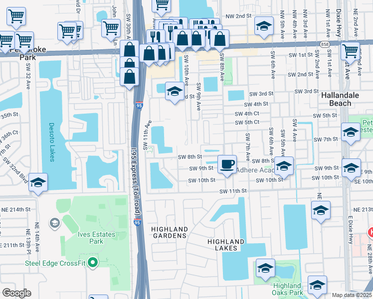 map of restaurants, bars, coffee shops, grocery stores, and more near 900 Southwest 8th Street in Hallandale Beach